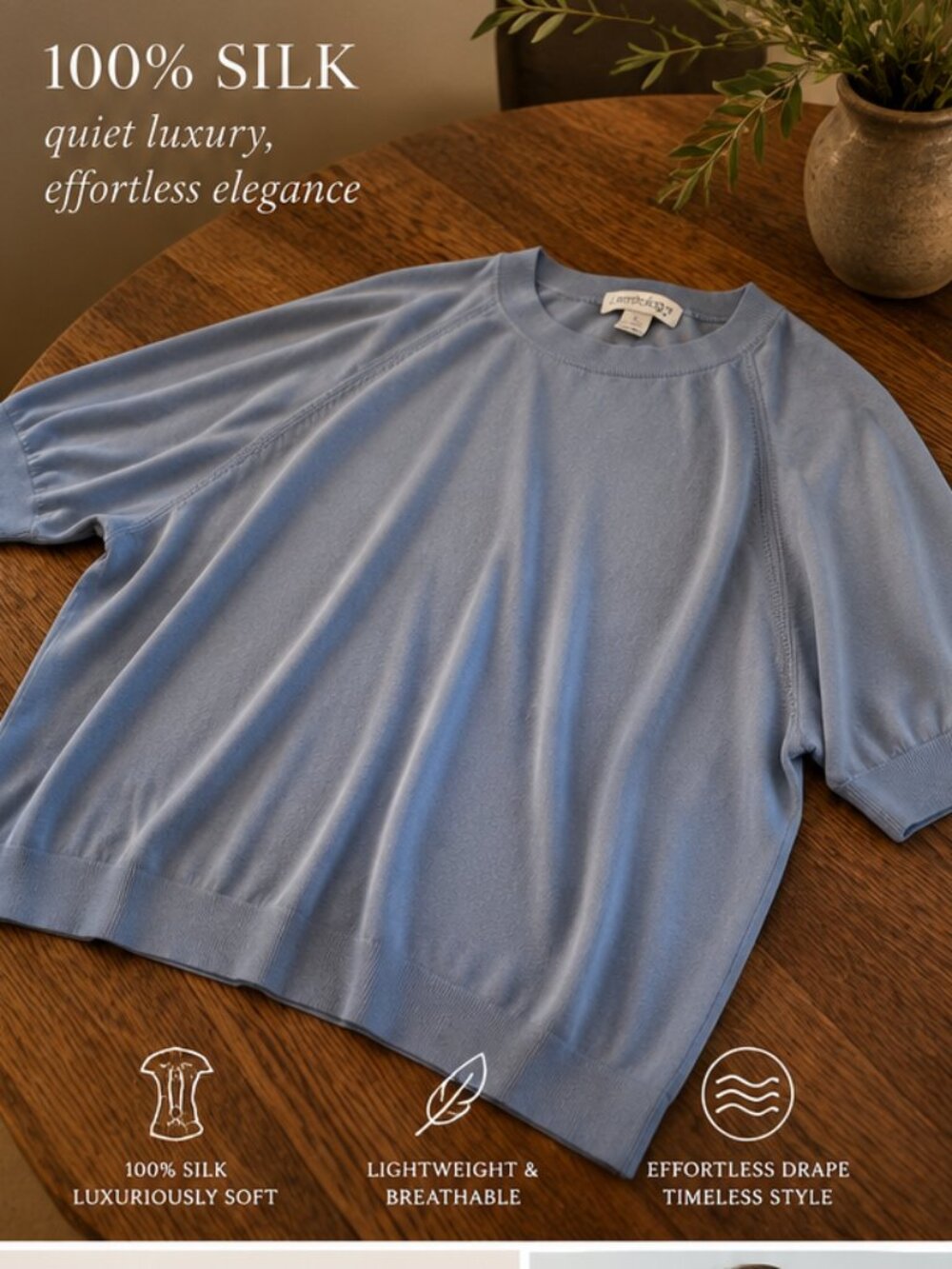 100% Silk Knit Top L Dusty Blue Oversized Luxury Minimalist Coastal Anthology
